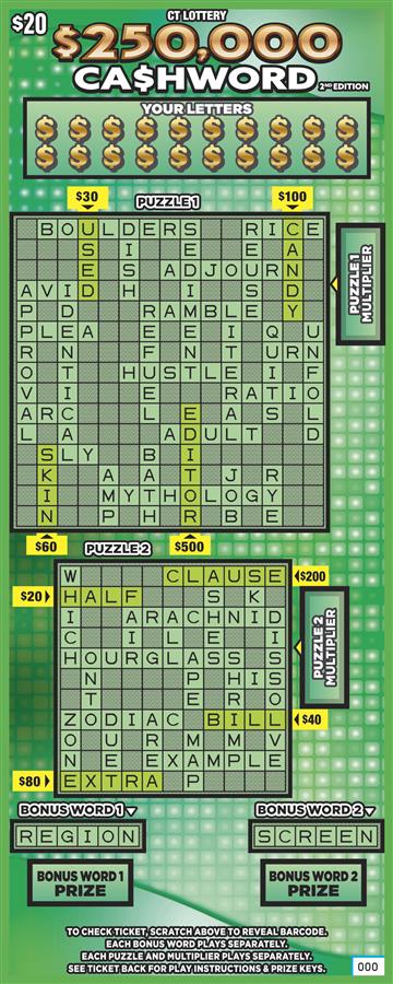 $250,000 CA$HWORD 2nd EDITION scratch ticket — sample view