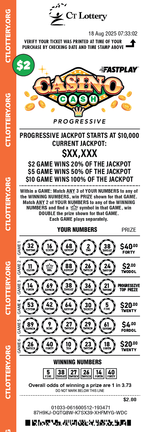 Casino Cash Progressive $2 playslip
