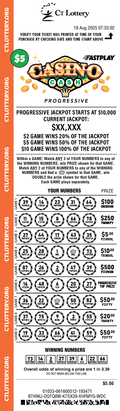 Casino Cash Progressive $5 playslip