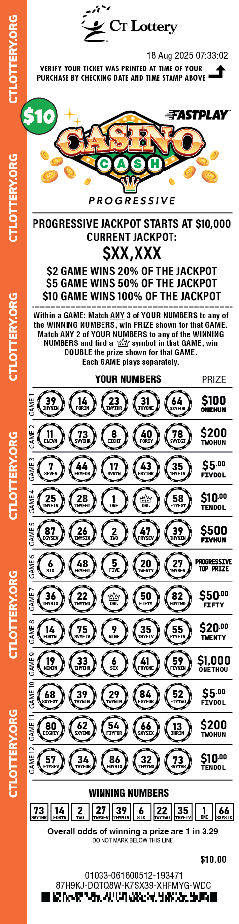 Casino Cash Progressive $10 playslip